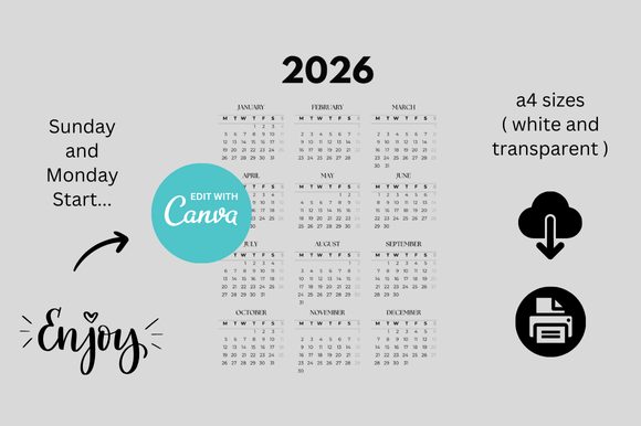 Download 2026 Calendar Canva Editable - Canva editable Collection